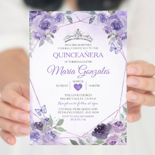 Invitation Purple Quinceañera 15 Anos Couronne papillon mexic
