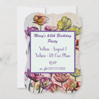Invitation Purple Red Poppy Floral 60e anniversaire Invitatio