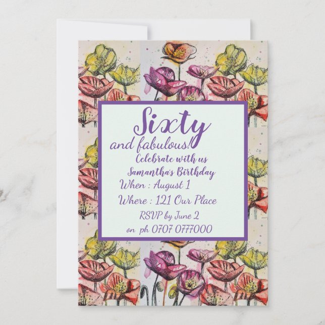Invitation Purple Red Poppy Floral 60e anniversaire Invitatio (Devant)