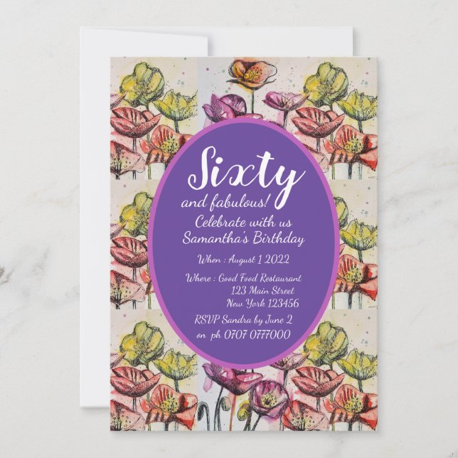 Invitation Purple Red Poppy Floral 60e anniversaire Invitatio (Devant)