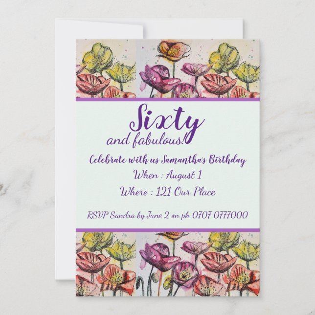 Invitation Purple Red Poppy Floral 60e anniversaire Invitatio (Devant)