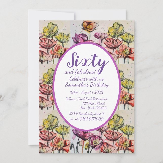 Invitation Purple Red Poppy Floral 60e anniversaire Invitatio (Devant)
