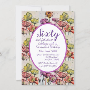 Invitation Purple Red Poppy Floral 60e anniversaire Invitatio
