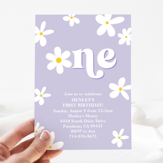 Invitation Purple Retro Daisy Une 1ère fille d'anniversaire (Créateur téléchargé)