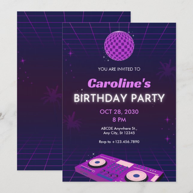 INVITATION PURPLE RETRO NIGHT DJ DISCO BALL ANNIVERSAIRE (Devant / Derrière)