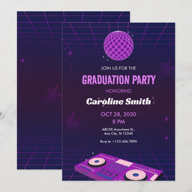 INVITATION PURPLE RETRO NIGHT DJ DISCO BALL GRADUTY (Devant / Derrière)