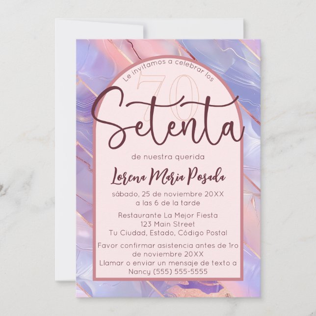 Invitation Purple Rose Agate Espagnol 70e anniversaire pour e (Devant)