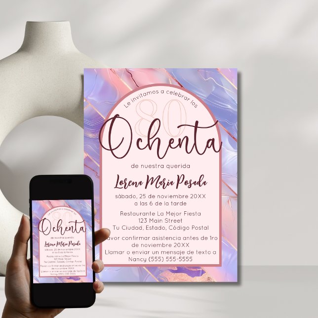 Invitation Purple Rose Agate Espagnol 80e anniversaire pour e (Créateur téléchargé)