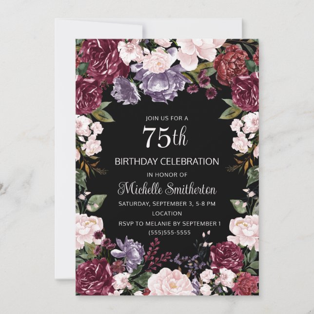 Invitation Purple rose Bourgogne Floral Noir 75e anniversaire (Devant)