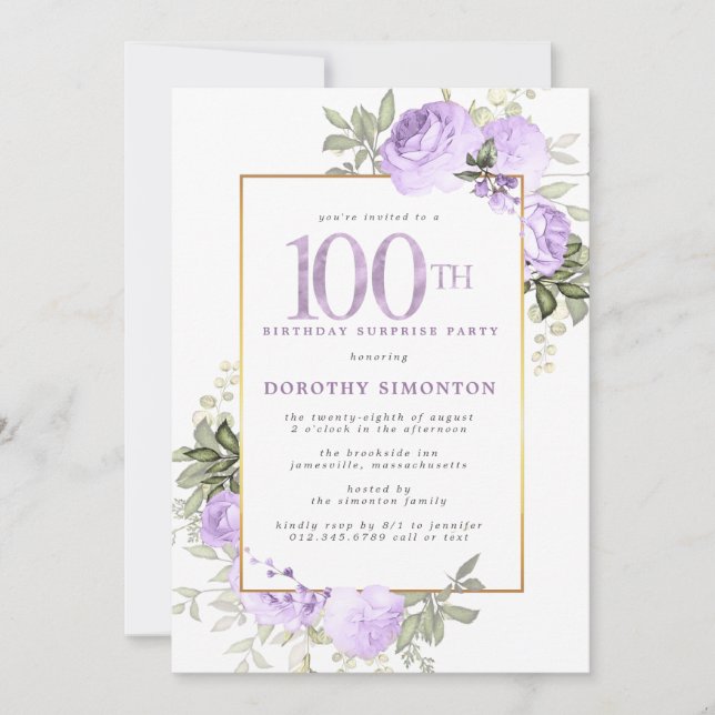 Invitation Purple Rose Floral 100e anniversaire Surprise Part (Devant)