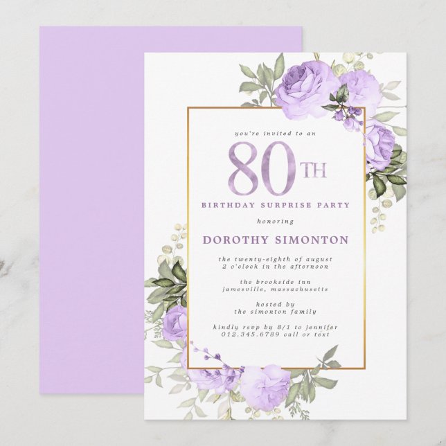 Invitation Purple Rose Floral 80e anniversaire Surprise Party (Devant / Derrière)