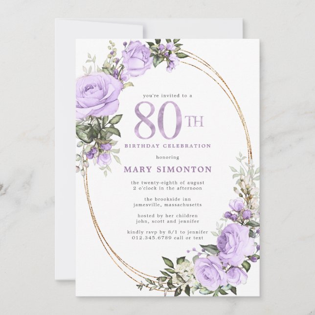 Invitation Purple Rose Floral 80e fête d'anniversaire (Devant)