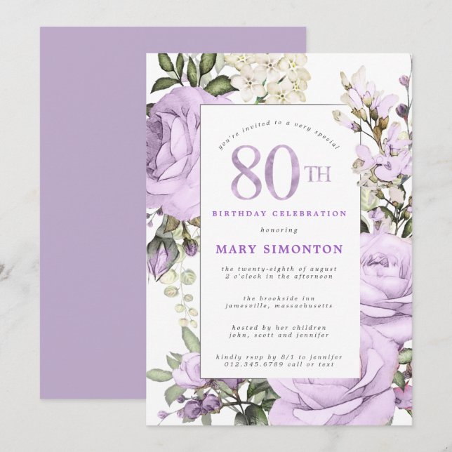 Invitation Purple Rose Floral 80e fête d'anniversaire (Devant / Derrière)