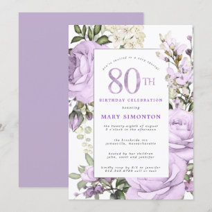 Invitation Purple Rose Floral 80e fête d'anniversaire