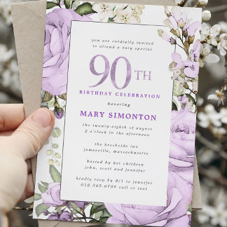 Invitation Purple Rose Floral 90e fête d'anniversaire