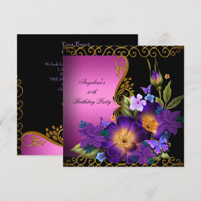 Invitation Purple rose Floral Black Gold fête d'anniversaire (Devant / Derrière)