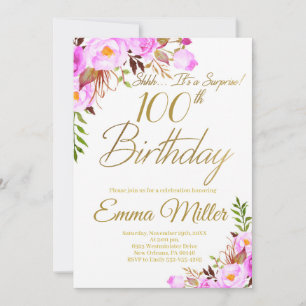 Invitation Purple Rose Floral Surprise 100e fête d'anniversai