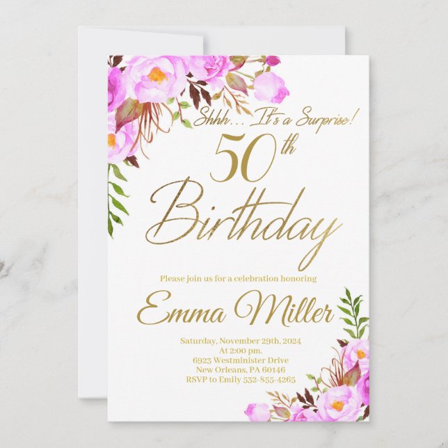 Invitation Purple Rose Floral Surprise 50e fête d'anniversair (Devant)