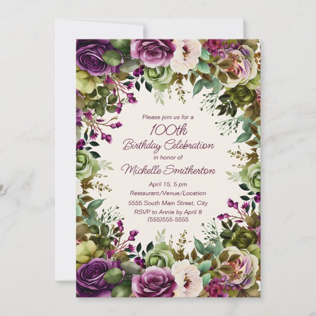 Invitation Purple rose Floral Vert Feuilles 100e anniversaire (Devant)