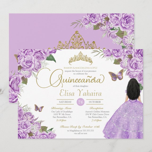 Invitation Purple Rose Gold Tiara Butterfly Elegant Quince (Devant / Derrière)