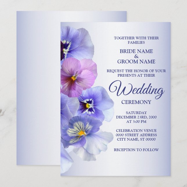 Invitation Purple rose Lilac Pansy Floral Rustic Mariage (Devant / Derrière)