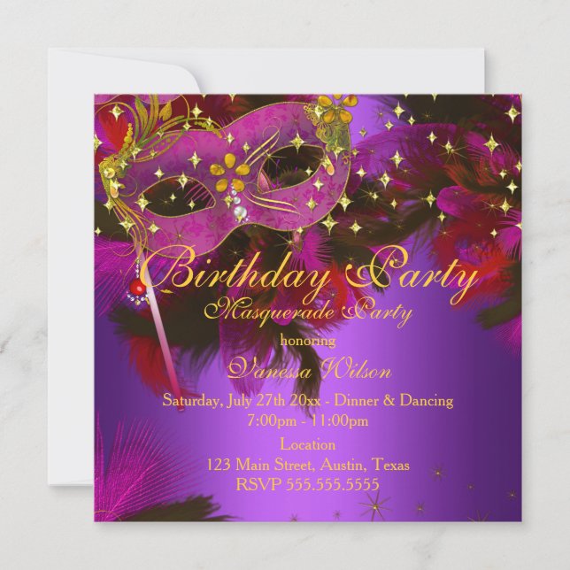 Invitation Purple rose or fleur Masquerade (Devant)