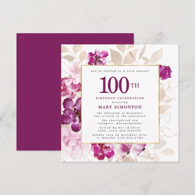Invitation Purple Rose or Floral 100e anniversaire (Devant / Derrière)