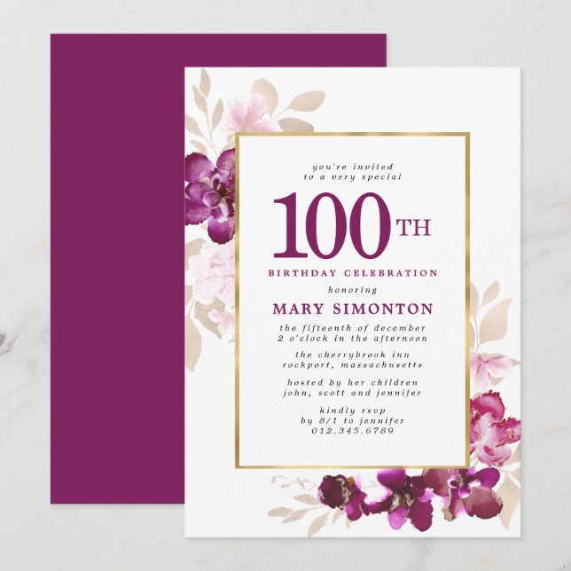 Invitation Purple Rose or Floral 100e anniversaire (Devant / Derrière)