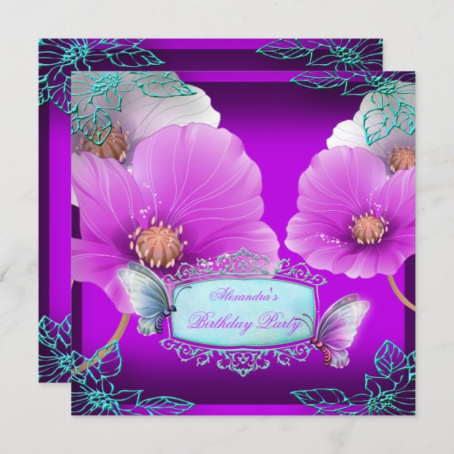 Invitation Purple rose papillon Turquoise fête d'anniversaire (Devant / Derrière)