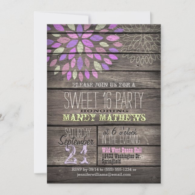 Invitation Purple, Rose, Vert; Rustique Bois Doux 16 Partie (Devant)