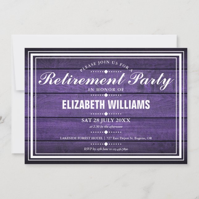 Invitation Purple Rustic Barn Bois Parti de retraite (Devant)