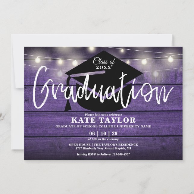 Invitation Purple Rustic Bois Chaîne Lights Graduation Party (Devant)