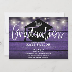 Invitation Purple Rustic Bois Chaîne Lights Graduation Party