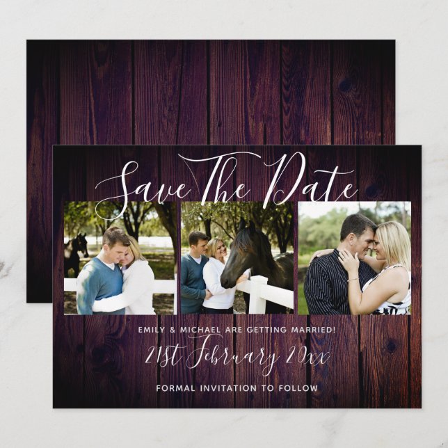 Invitation Purple Rustic Photo Collage Enregistrer Le Mariage (Devant / Derrière)