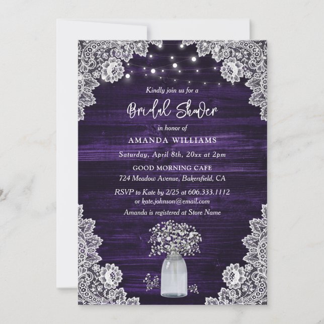 Invitation Purple Rustic Wood Fête des mariées de respiration (Devant)