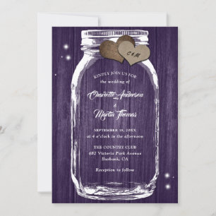 Invitation Purple Rustic Wood Hearts Mason Jar Mariage