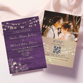 Invitation Purple Rustique Bois Chaîne Lumières Mariage QR Co