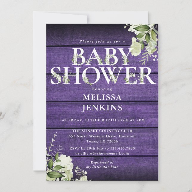 Invitation Purple Rustique Bois vert Baby shower Floral (Devant)