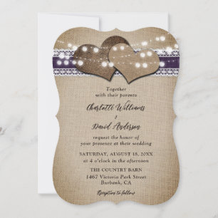 Invitation Purple Rustique Pays Burlap Mariage dentelle
