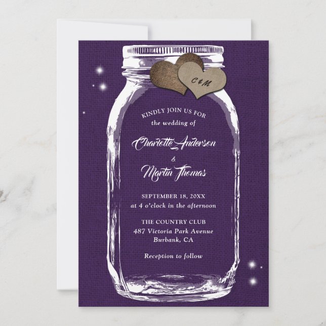 Invitation Purple Rustique Pays Burlap Mason Jar Mariage (Devant)