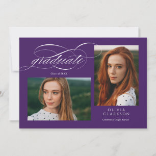 Invitation Purple Script QR Code 3 Photo Graduation Party