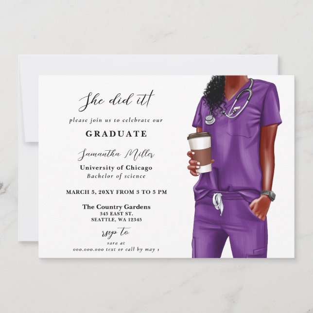 Invitation Purple Scrubs Nurse Photo Elle L'A Fait Graduation (Devant)