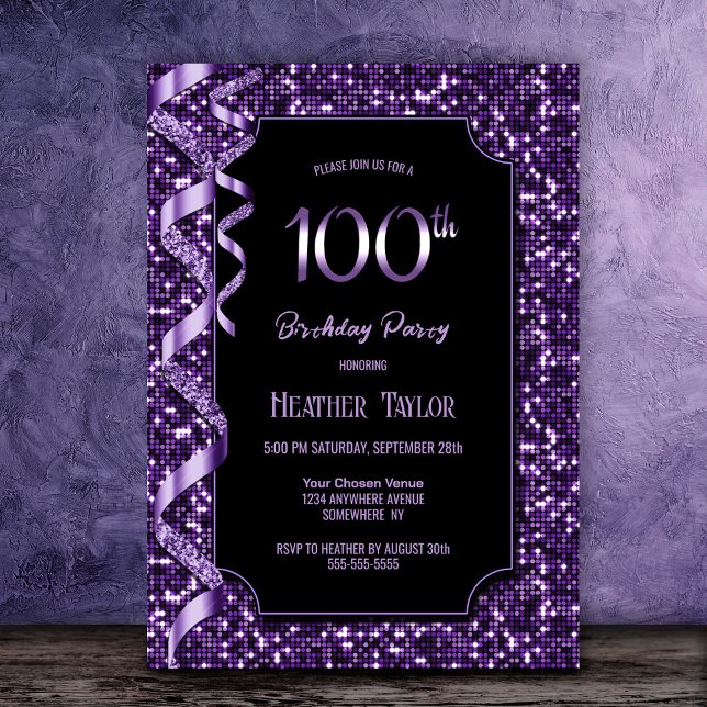 Invitation Purple Sequins 100e fête d'anniversaire (Créateur téléchargé)