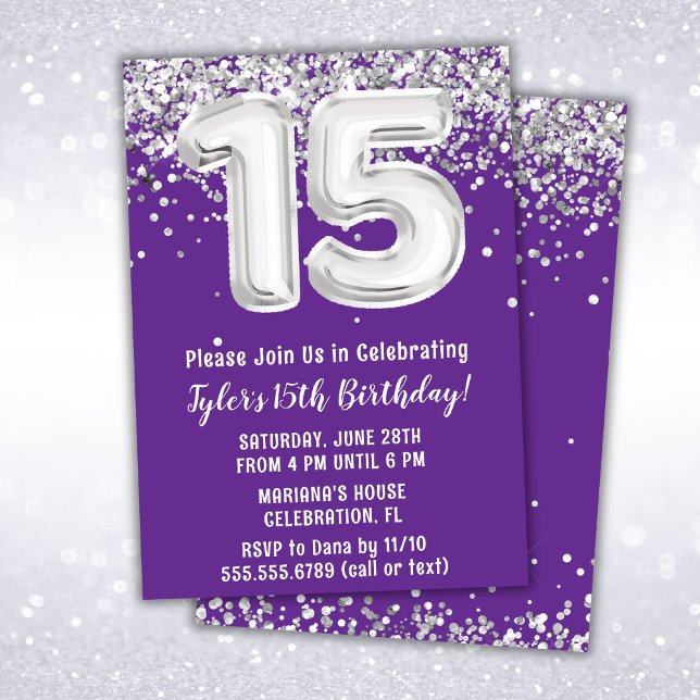 Invitation Purple Silver 15e fête d'anniversaire (Créateur téléchargé)