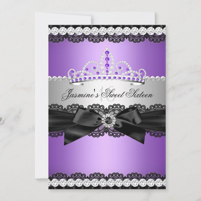 Invitation Purple Silver Black Lace Sweet 16 Anniversaire fêt (Devant)