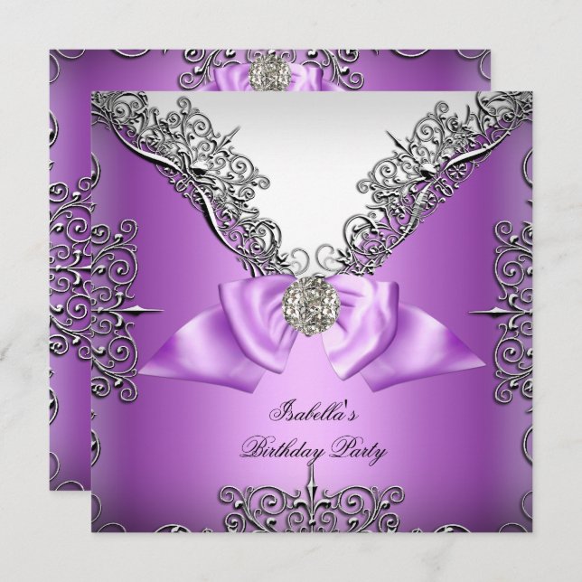 Invitation Purple Silver blanc fête d'anniversaire (Devant / Derrière)
