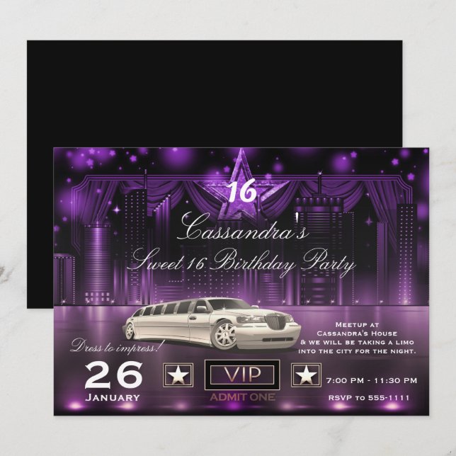 Invitation Purple & Silver City Lumières Limo fête d'annivers (Devant / Derrière)
