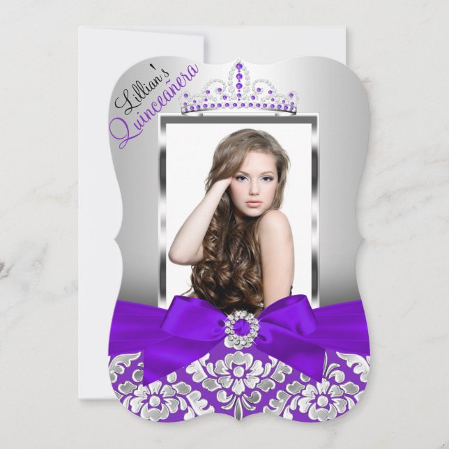Invitation Purple Silver Damask & Tiara Photo Quinceanera (Devant)