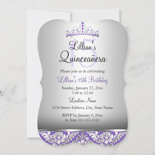 Invitation Purple Silver Damask & Tiara Quinceanera Invitatio (Devant)