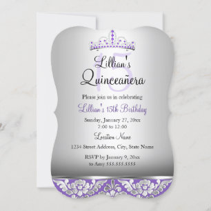 Invitation Purple Silver Damask & Tiara Quinceanera Invitatio